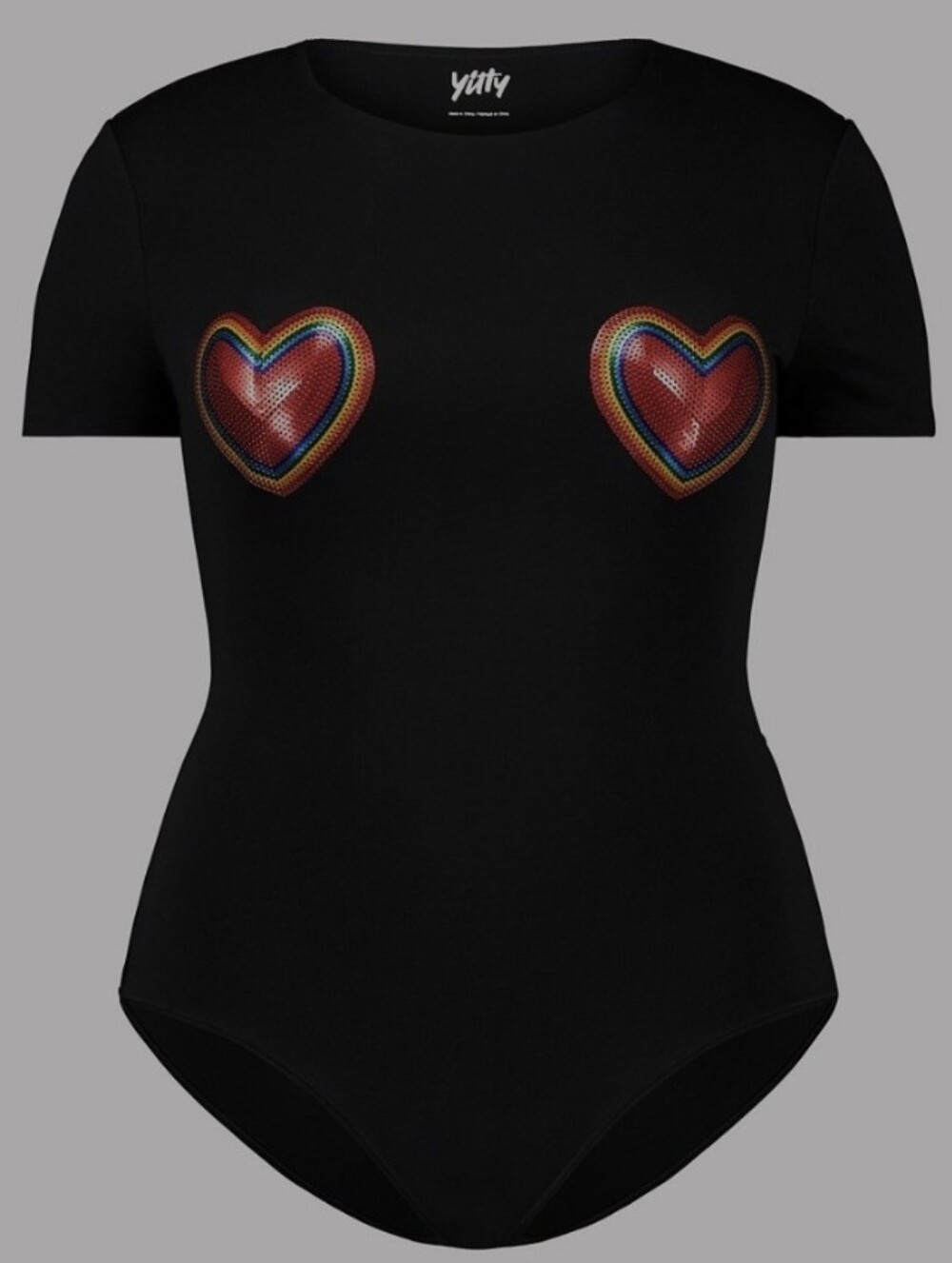 NWT YITTY Black Short-Sleeve Bodysuit with Rainbow Heart Patches